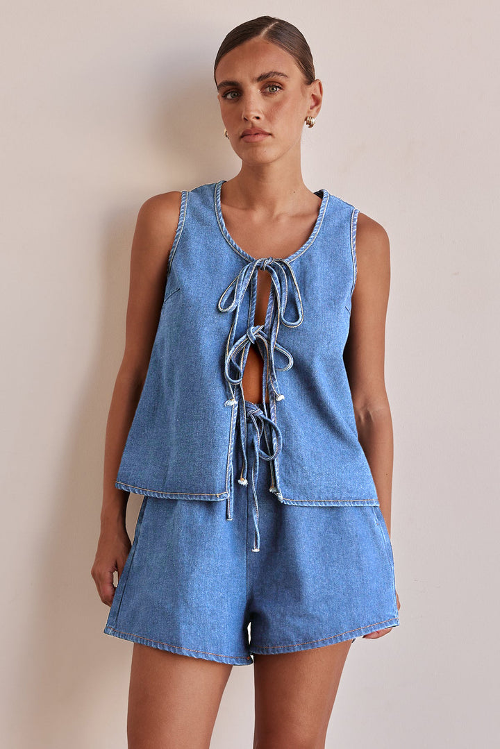 Chambray Tie-Front Vest &amp; High-Waist Shorts Set