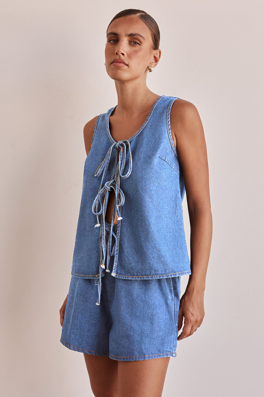Chambray Tie-Front Vest &amp; High-Waist Shorts Set