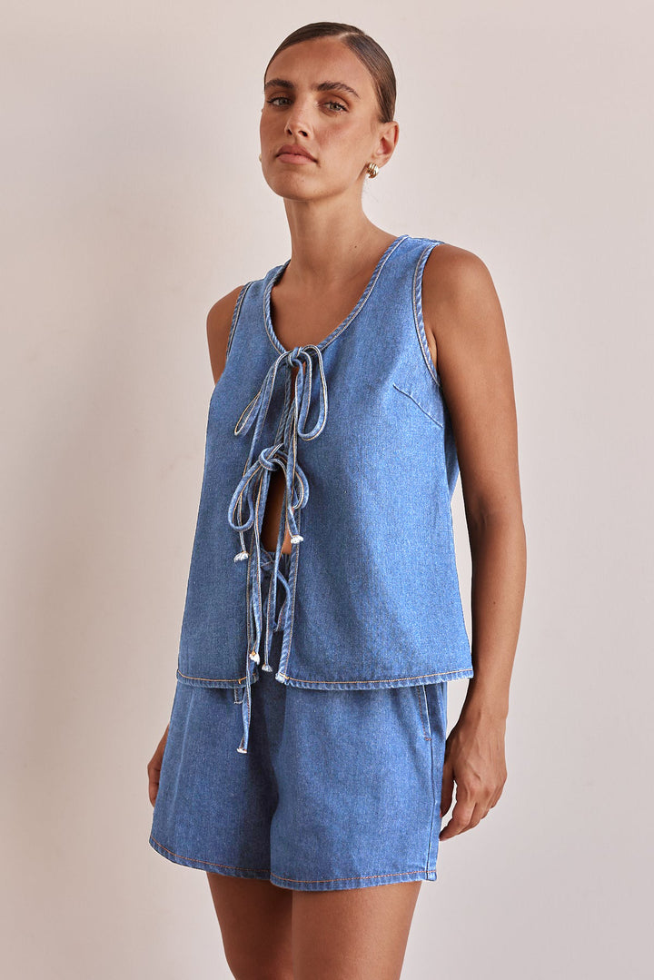 Chambray Tie-Front Vest &amp; High-Waist Shorts Set