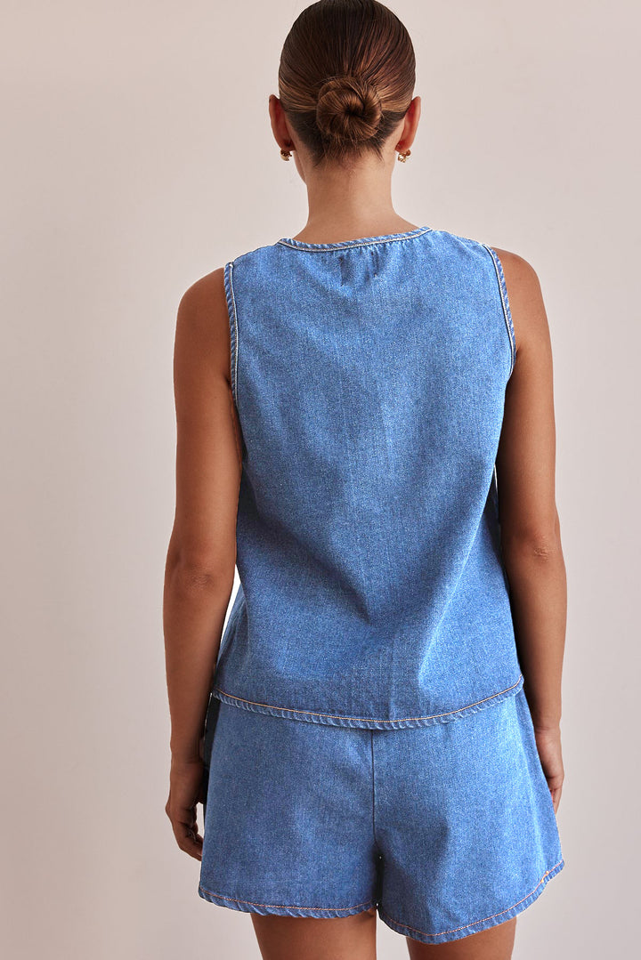 Chambray Tie-Front Vest &amp; High-Waist Shorts Set