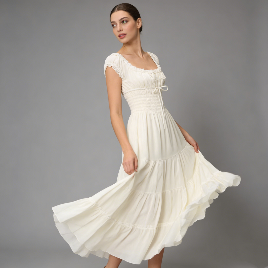 Ruffled Square Neck Tiered Midi Dress.Soft romance. Effortless flow.
