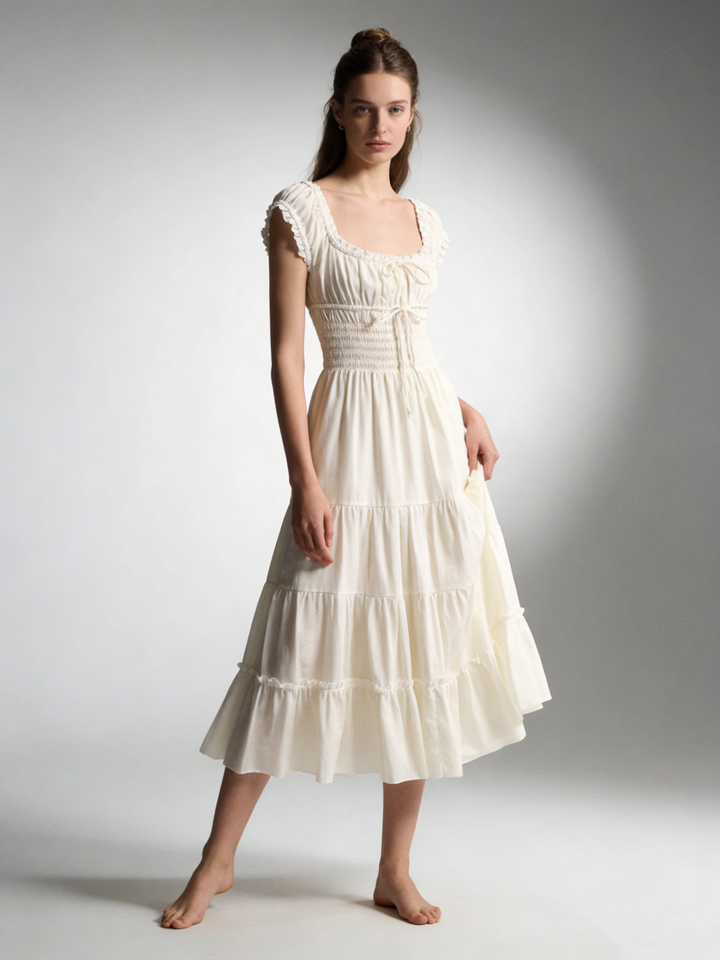 Ruffled Square Neck Tiered Midi Dress.Soft romance. Effortless flow.