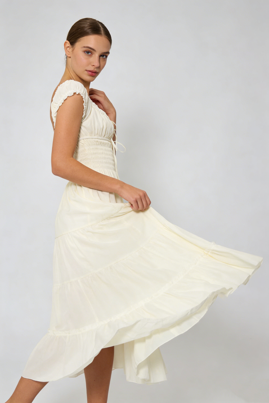 Ruffled Square Neck Tiered Midi Dress.Soft romance. Effortless flow.