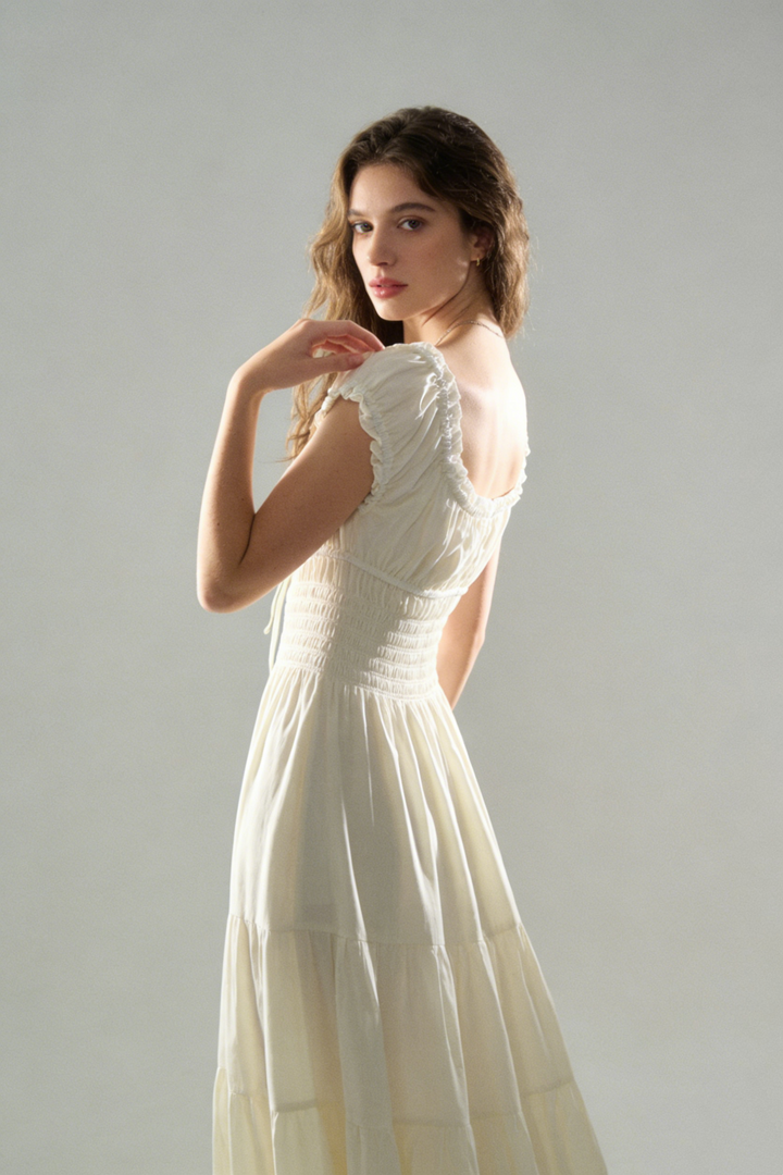 Ruffled Square Neck Tiered Midi Dress.Soft romance. Effortless flow.
