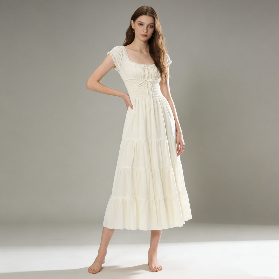 Ruffled Square Neck Tiered Midi Dress.Soft romance. Effortless flow.