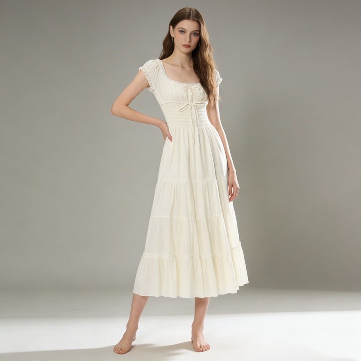 Ruffled Square Neck Tiered Midi Dress.Soft romance. Effortless flow.