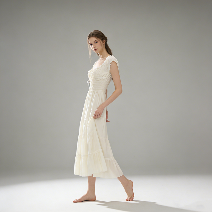 Ruffled Square Neck Tiered Midi Dress.Soft romance. Effortless flow.