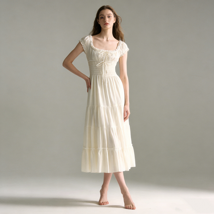 Ruffled Square Neck Tiered Midi Dress.Soft romance. Effortless flow.