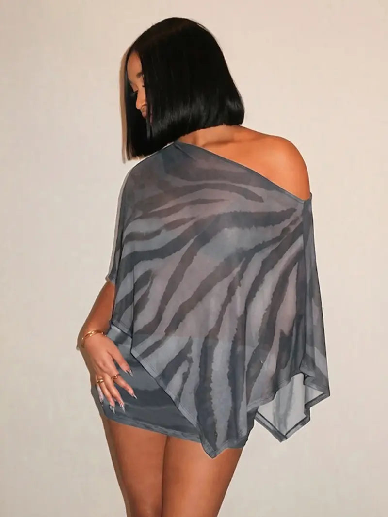 Abstract Print Mesh Off-Shoulder Two-Piece Mini Dress Set