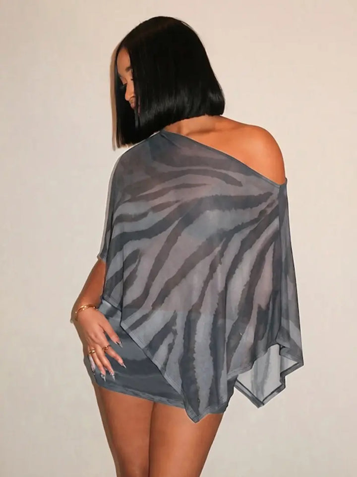 Abstract Print Mesh Off-Shoulder Two-Piece Mini Dress Set