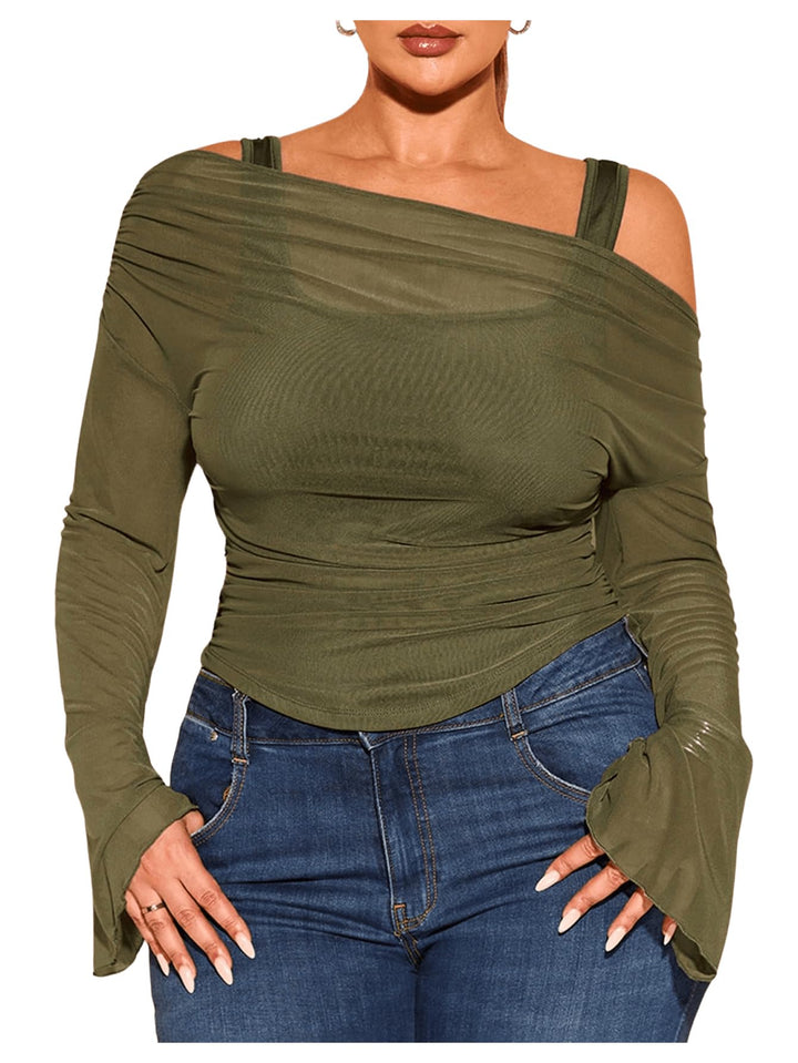 Off-Shoulder Mesh Flare Sleeve Cropped Top