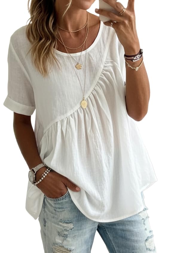 White Linen-Blend Gathered Peplum Top