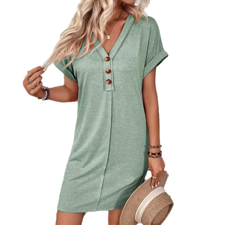 Button V-Neck Short Sleeve T-Shirt Dress