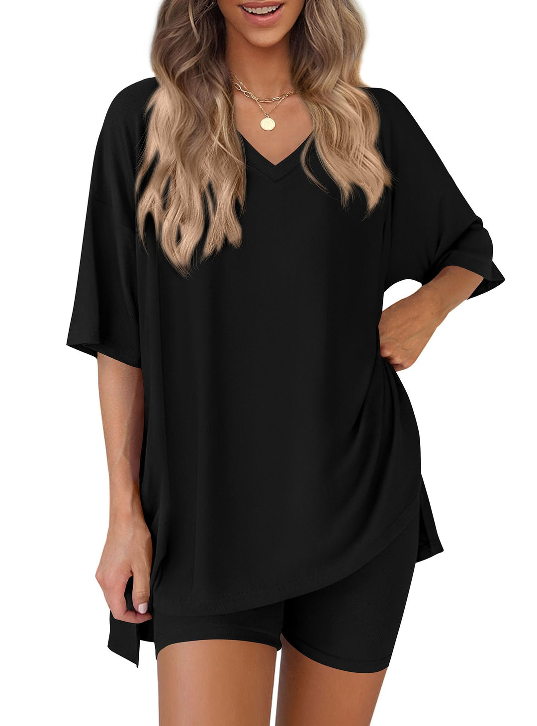 Oversized V-Neck Tee &amp;amp; Biker Shorts Two-Piece Set