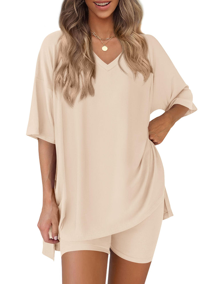 Oversized V-Neck Tee &amp;amp; Biker Shorts Two-Piece Set