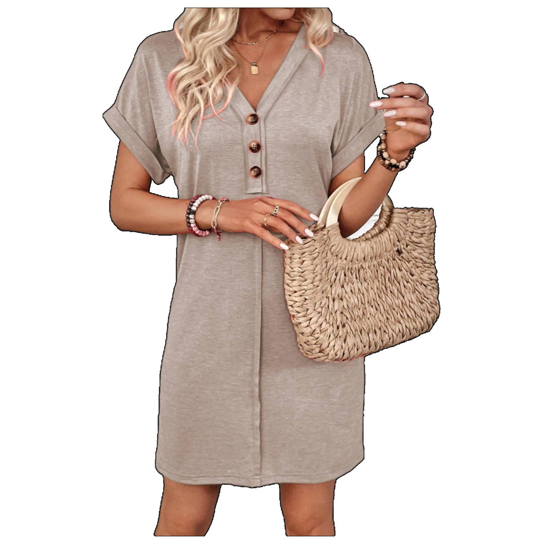 Button V-Neck Short Sleeve T-Shirt Dress