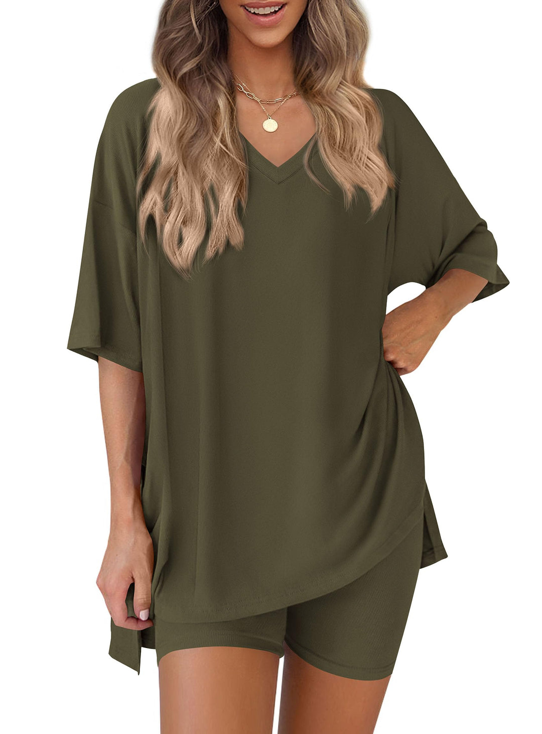 Oversized V-Neck Tee &amp;amp; Biker Shorts Two-Piece Set
