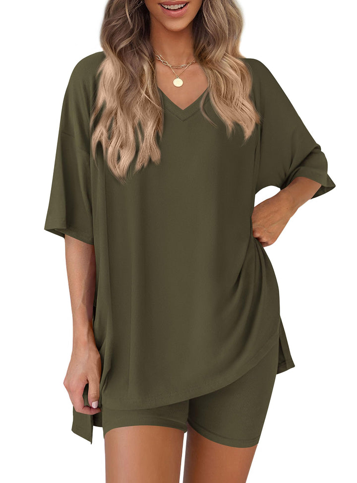 Oversized V-Neck Tee &amp;amp; Biker Shorts Two-Piece Set