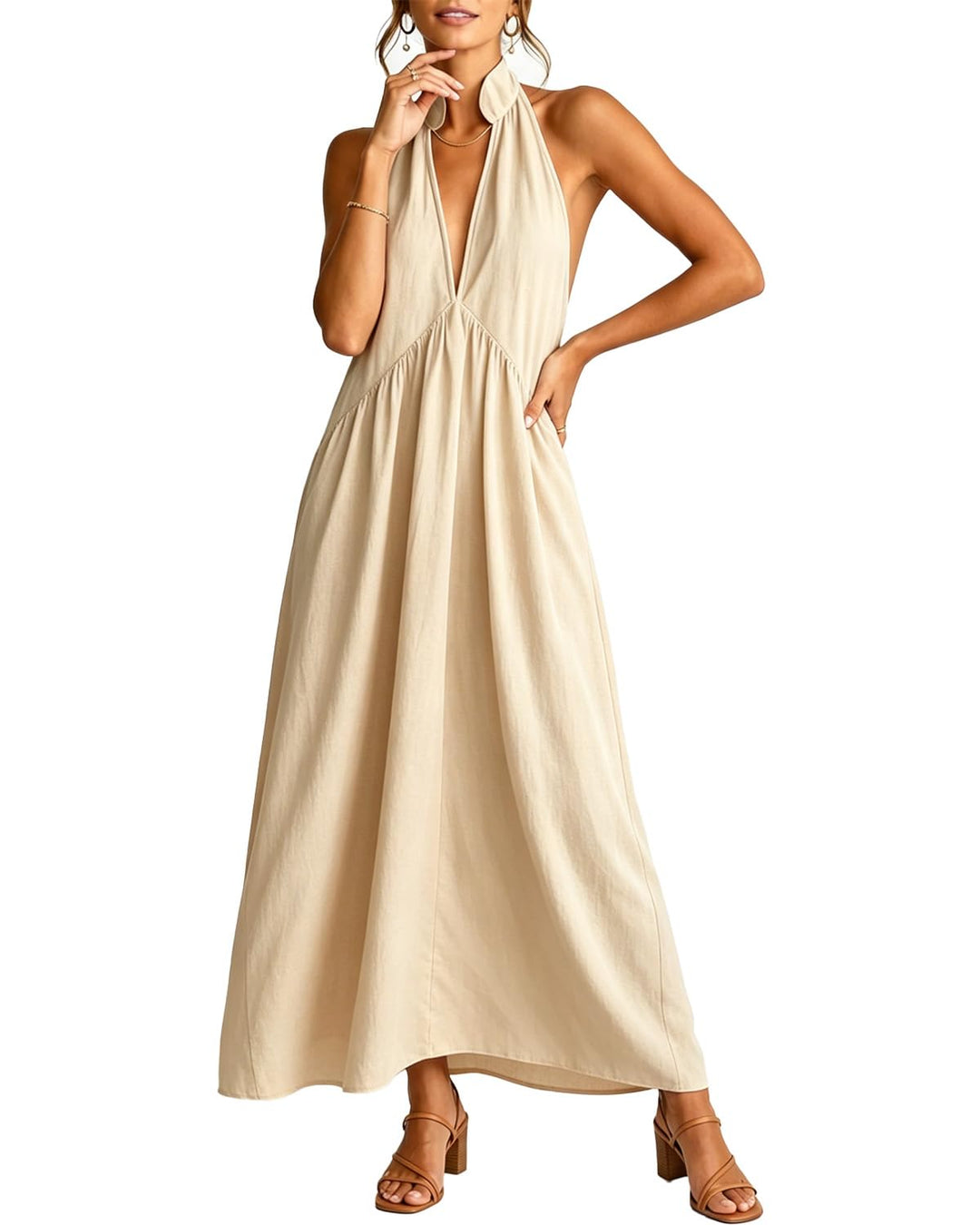 Beige Linen-Blend Halter Neck Maxi Dress