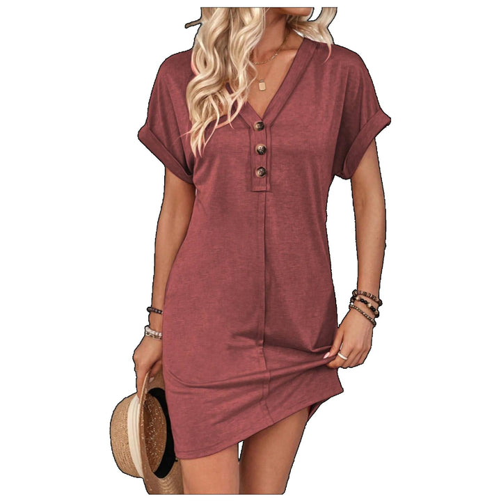 Button V-Neck Short Sleeve T-Shirt Dress