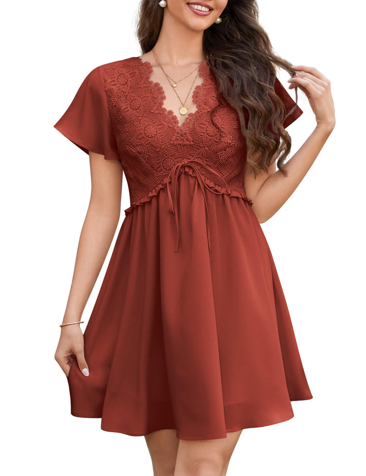 Rust Lace V-Neck Chiffon Mini Dress