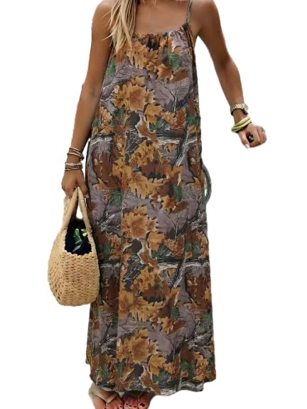 Leaf Print Spaghetti Strap Maxi Dress