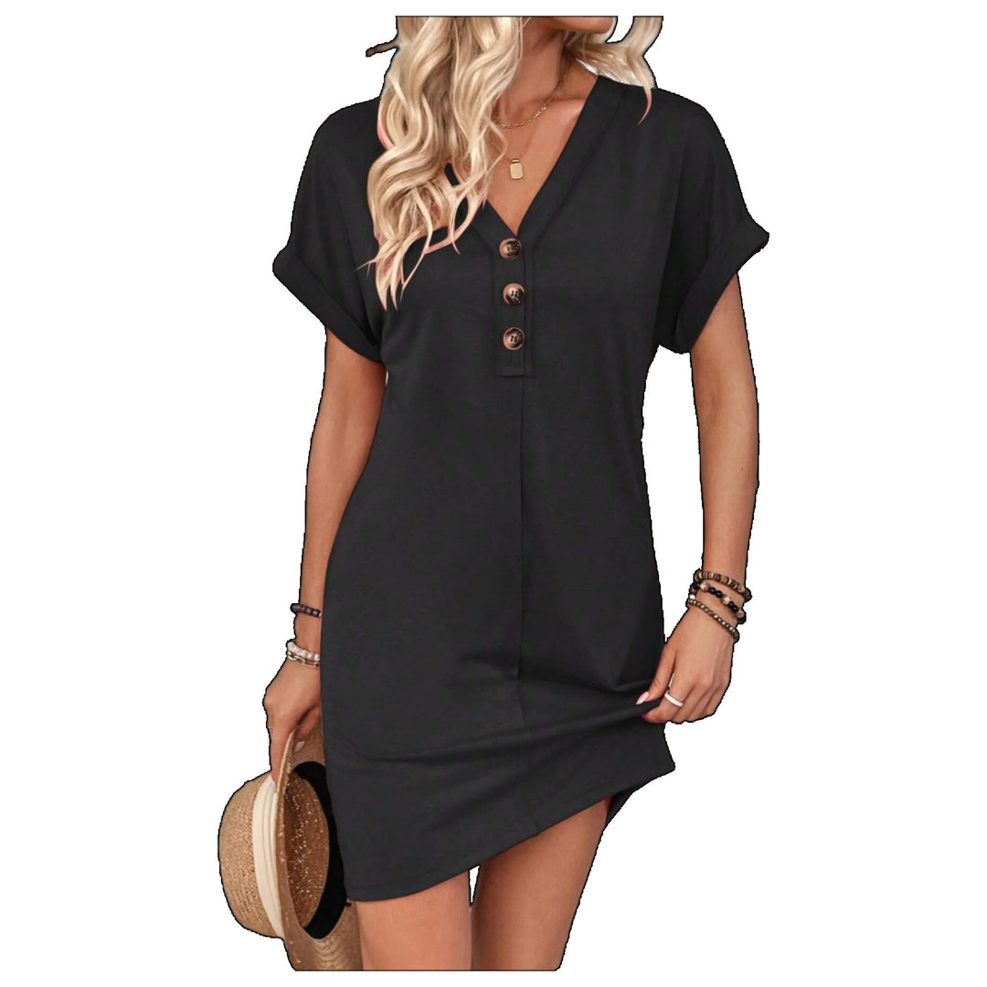 Button V-Neck Short Sleeve T-Shirt Dress