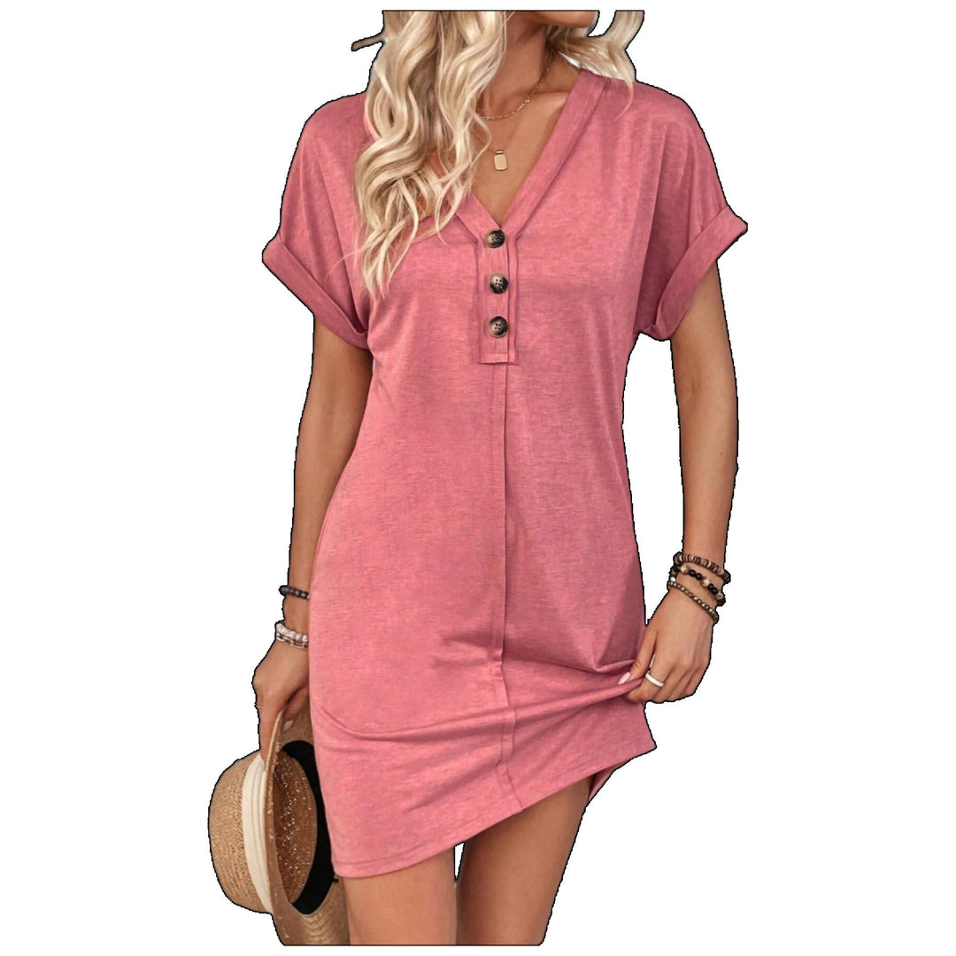Button V-Neck Short Sleeve T-Shirt Dress