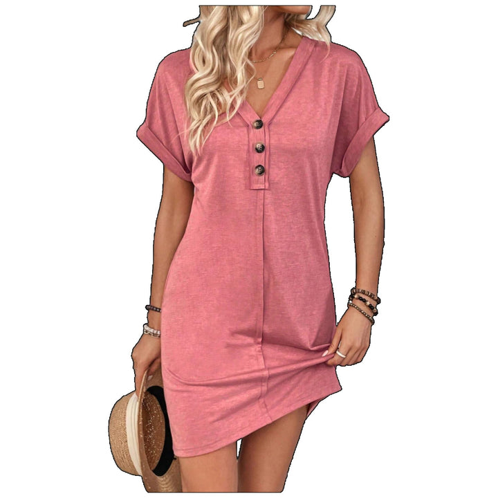 Button V-Neck Short Sleeve T-Shirt Dress