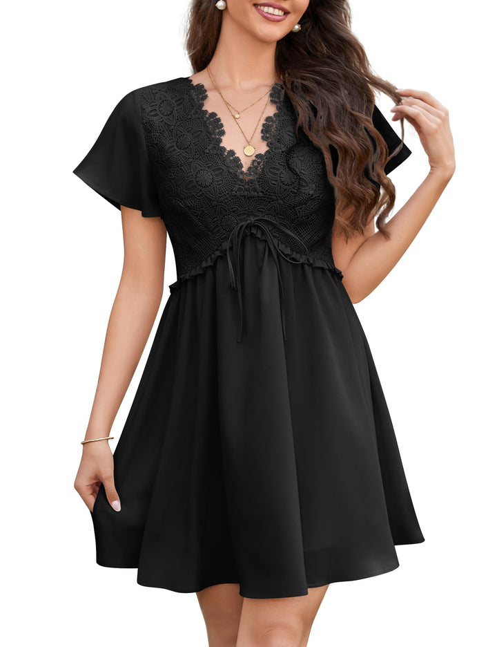 Rust Lace V-Neck Chiffon Mini Dress