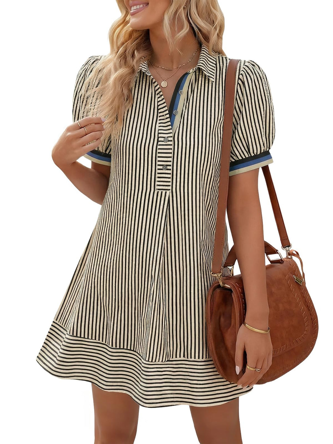 Blue and White Striped Puff Sleeve Shirt Dress