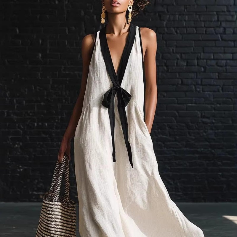 Contrast Trim V-Neck Tie-Front Maxi Dress