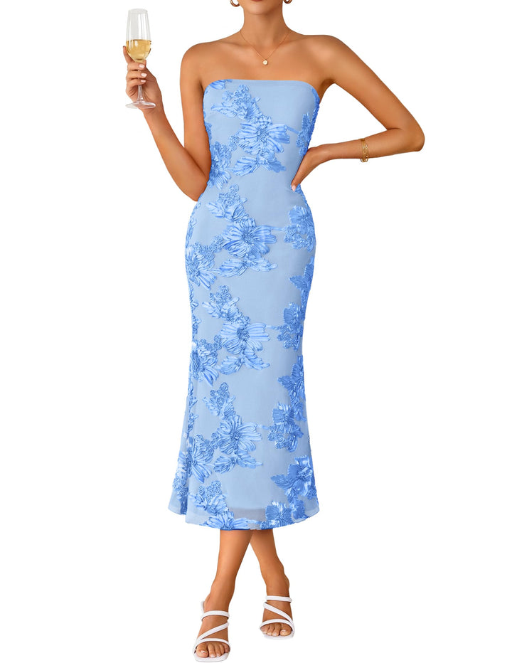 Light Blue Floral Strapless Midi Dress