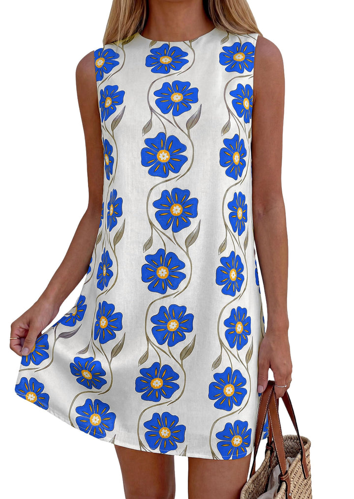 Beige Blue Floral Print Sleeveless A-Line Mini Dress