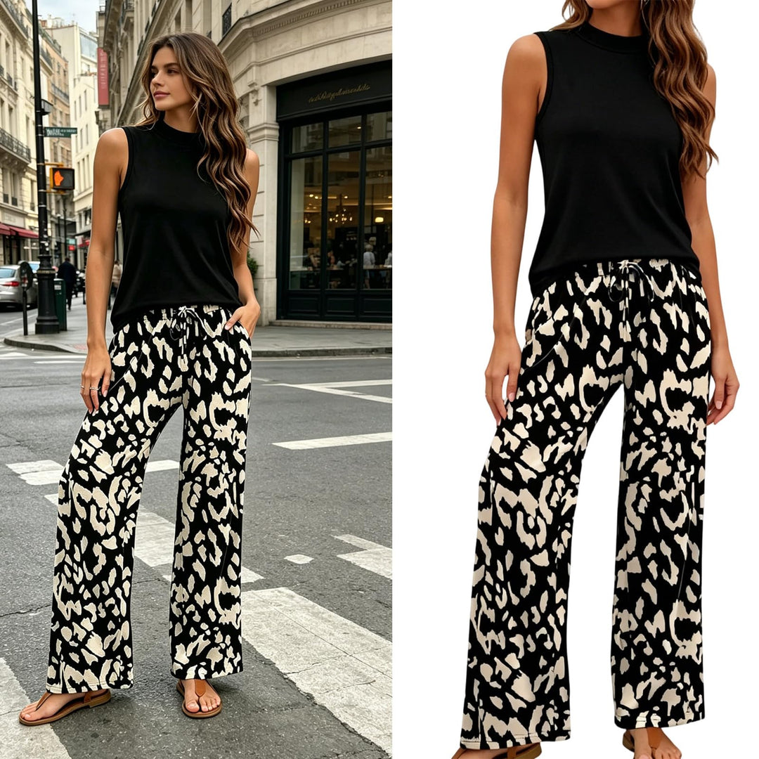 Sleeveless High-Neck Top Printed Wide-Leg Pants Set
