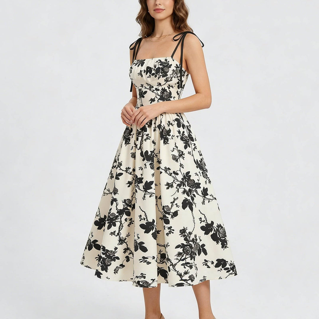 Black Floral Tie-Strap Midi A-Line Dress