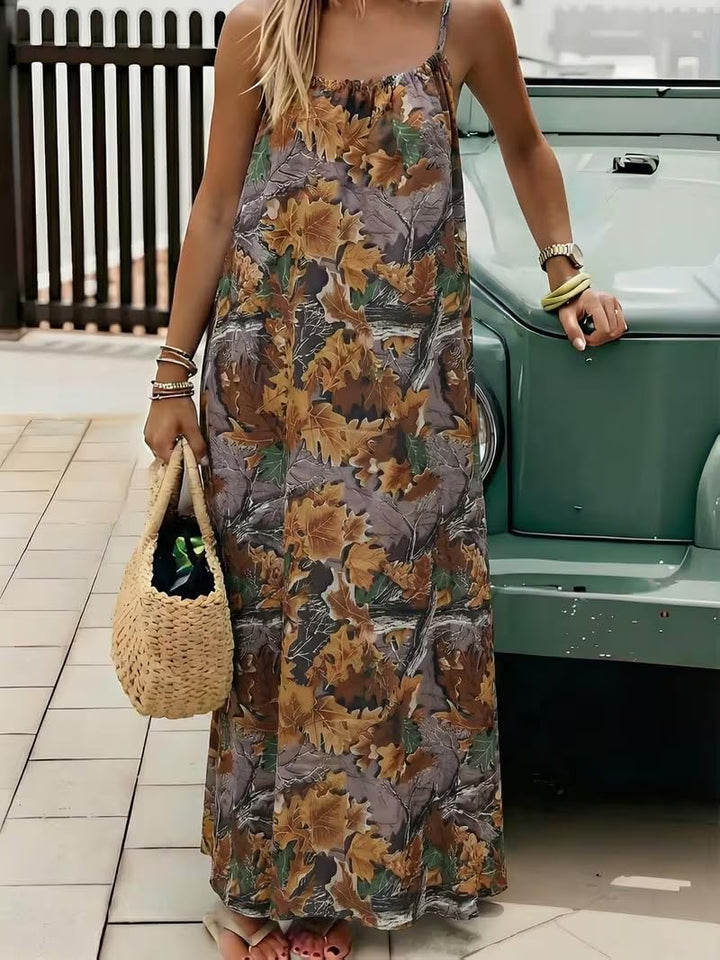 Leaf Print Spaghetti Strap Maxi Dress