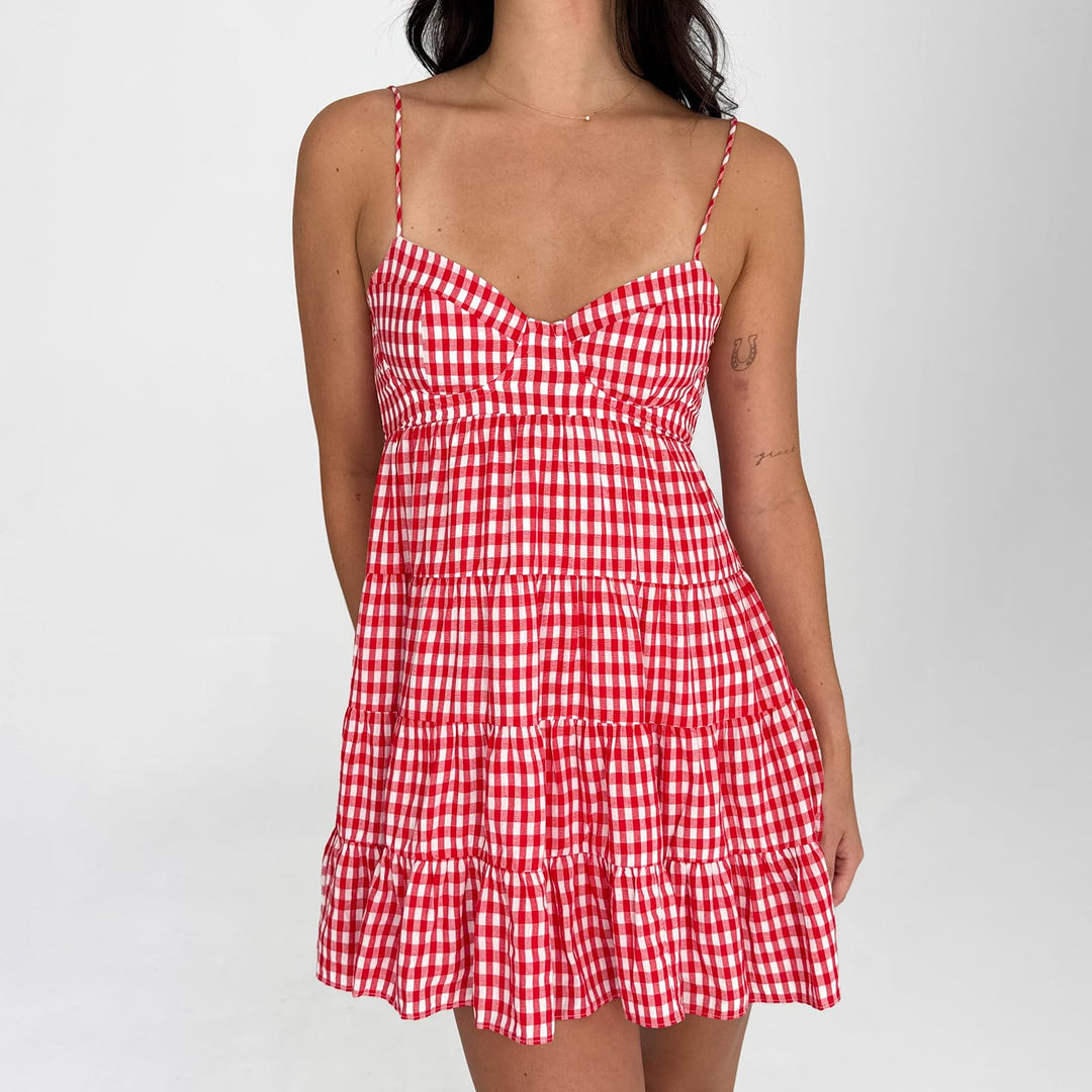 Red Gingham Tiered Spaghetti Strap Mini Dress