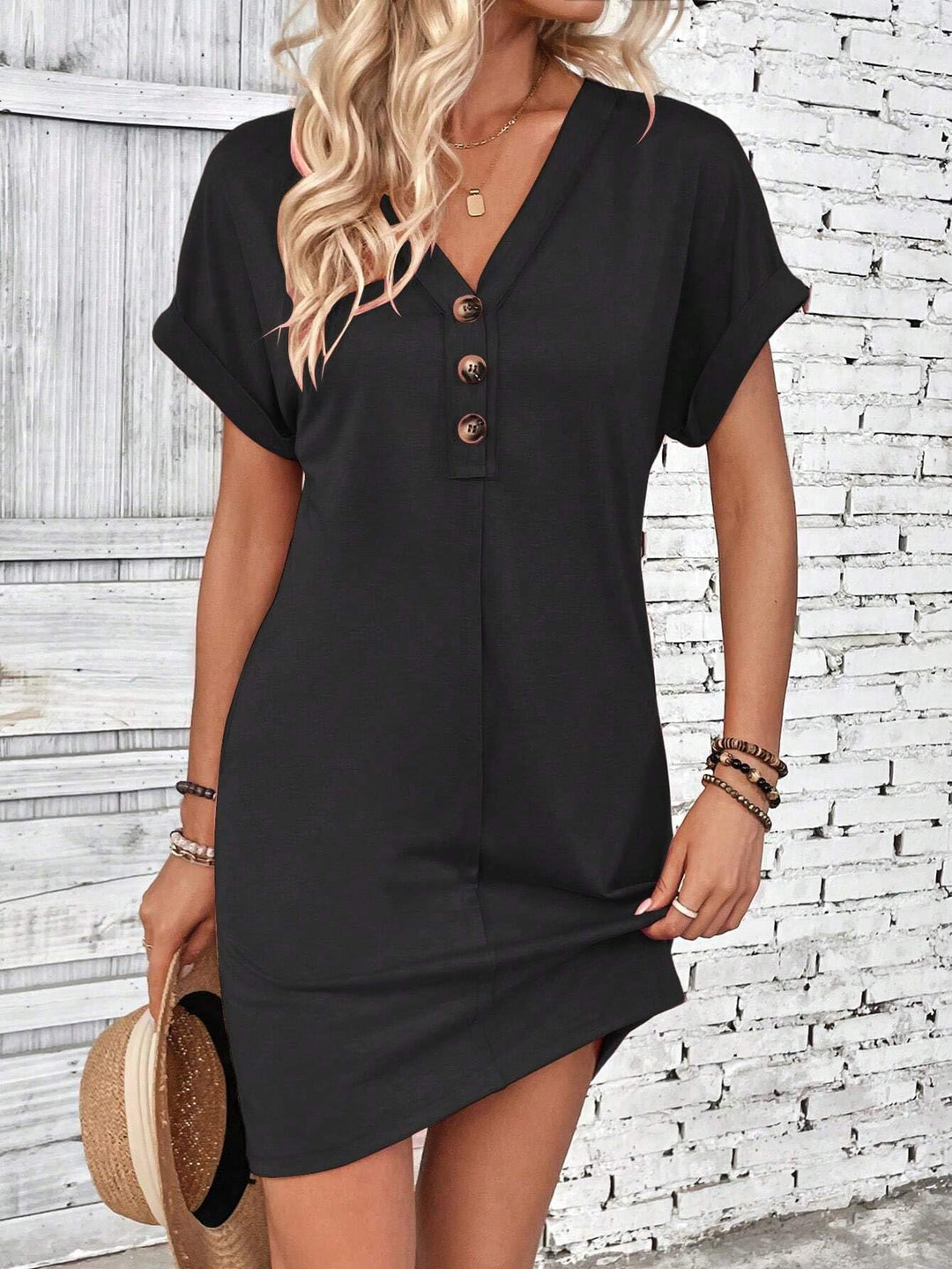 Button V-Neck Short Sleeve T-Shirt Dress
