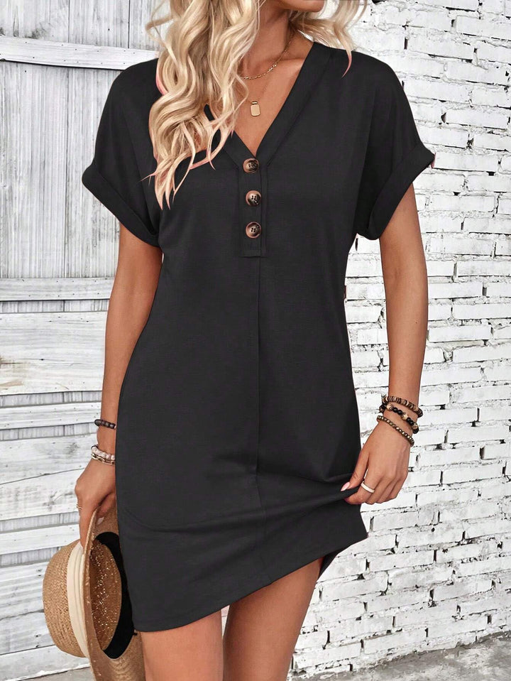 Button V-Neck Short Sleeve T-Shirt Dress