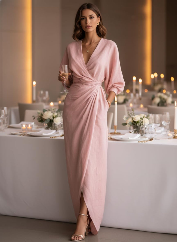 Pink Linen Wrap Maxi Dress