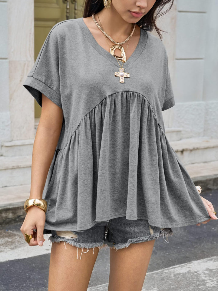 V-Neck Pleated Babydoll T-Shirt