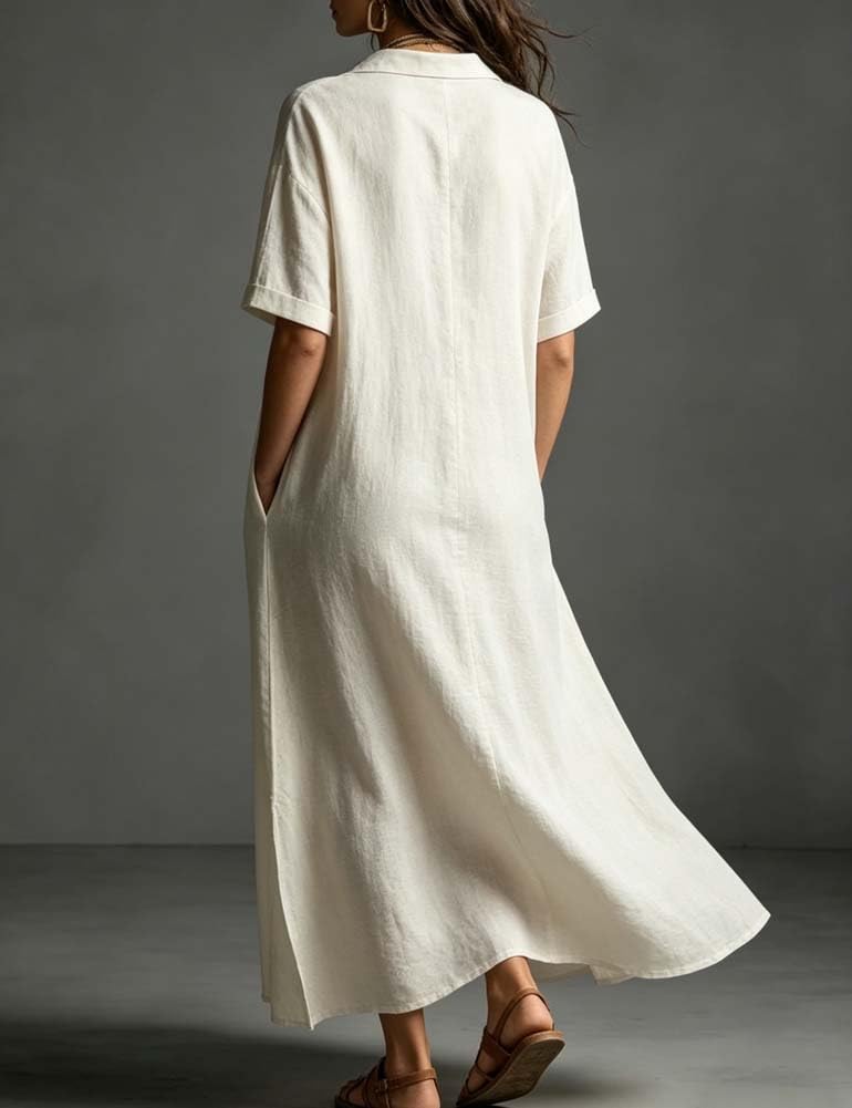 Linen Blend Half-Button Midi Shirt Dress