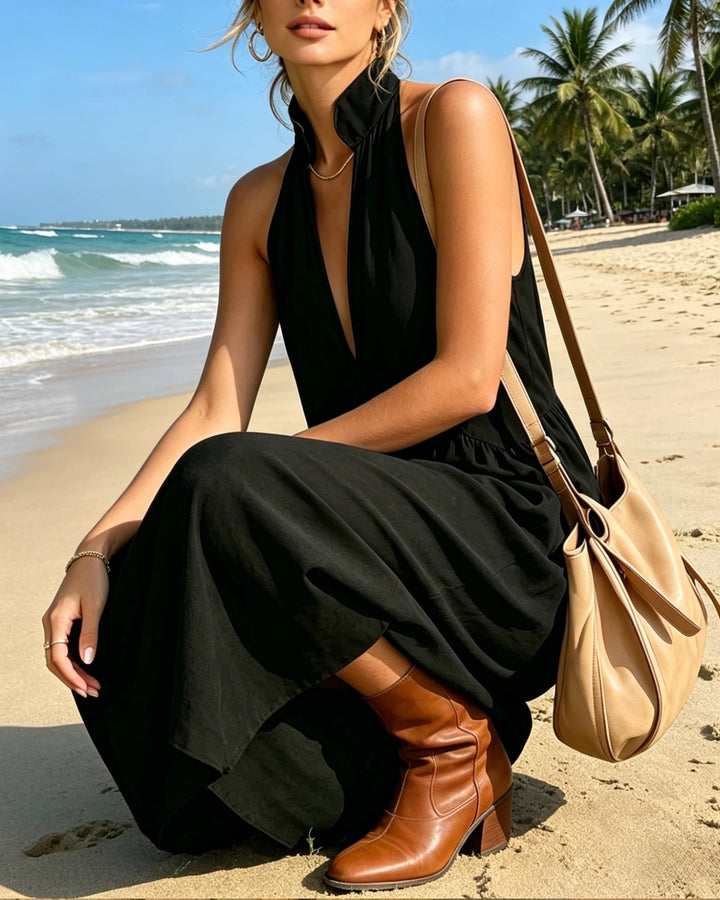 Beige Linen-Blend Halter Neck Maxi Dress