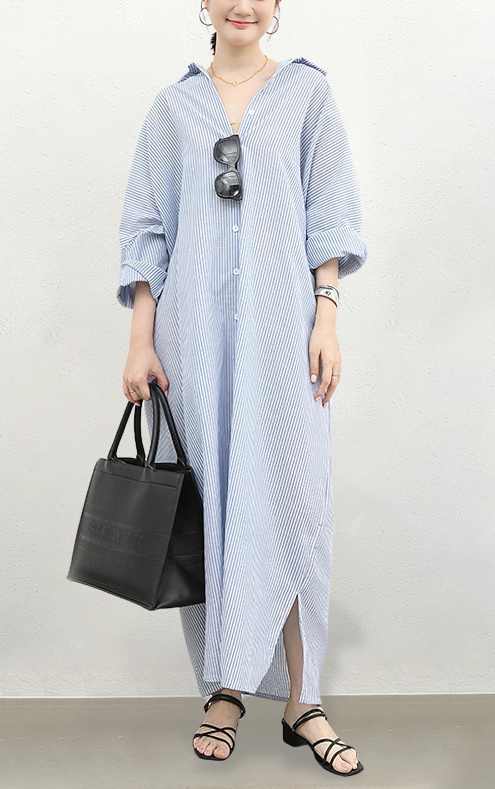 Striped Cotton Maxi Shirt Dress