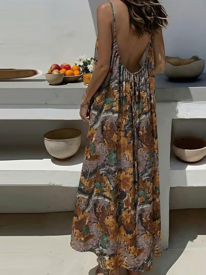 Leaf Print Spaghetti Strap Maxi Dress