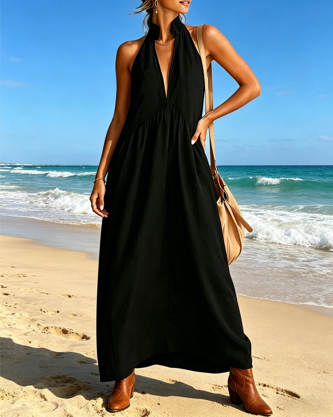 Beige Linen-Blend Halter Neck Maxi Dress