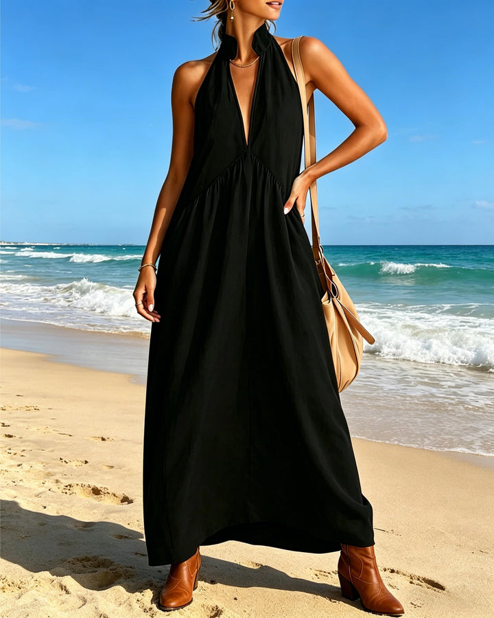 Beige Linen-Blend Halter Neck Maxi Dress