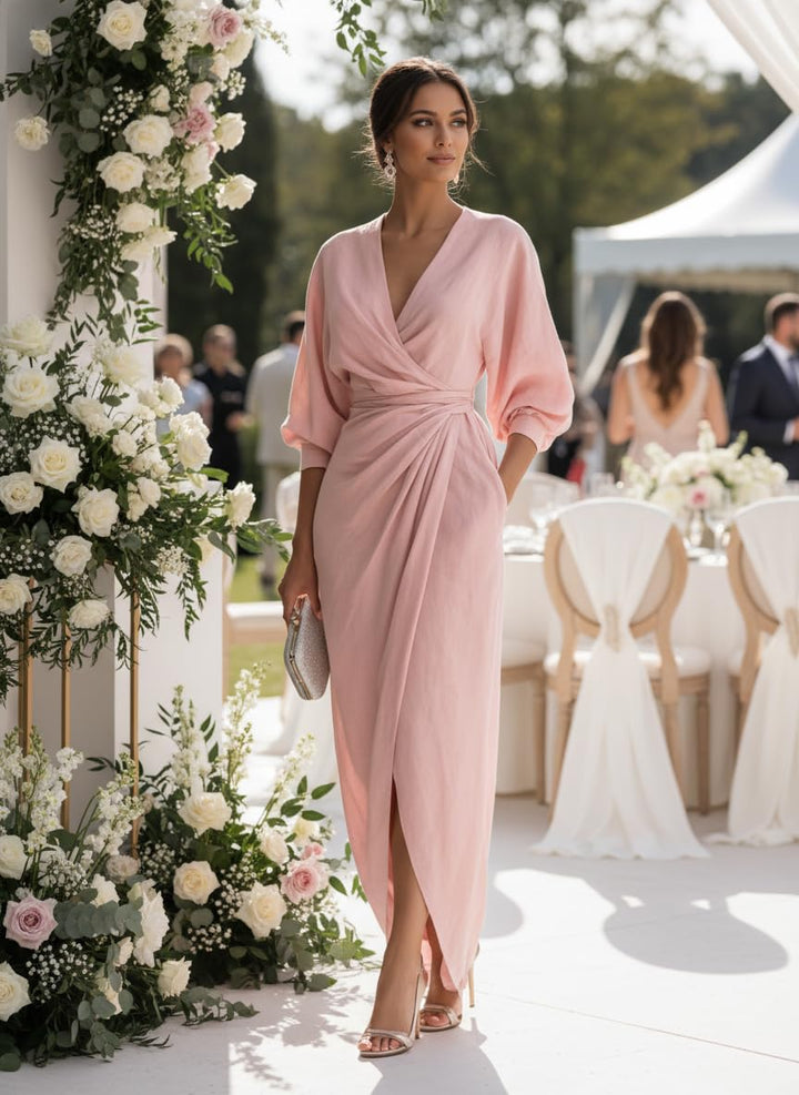 Pink Linen Wrap Maxi Dress