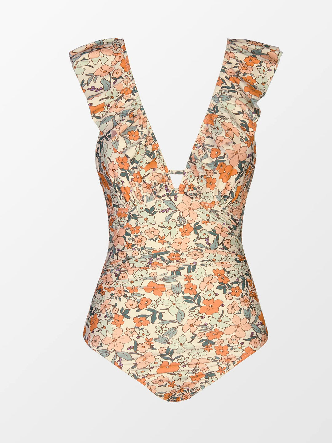 Floral Ruffle-Shoulder Ruched One-Piece Swimsuit